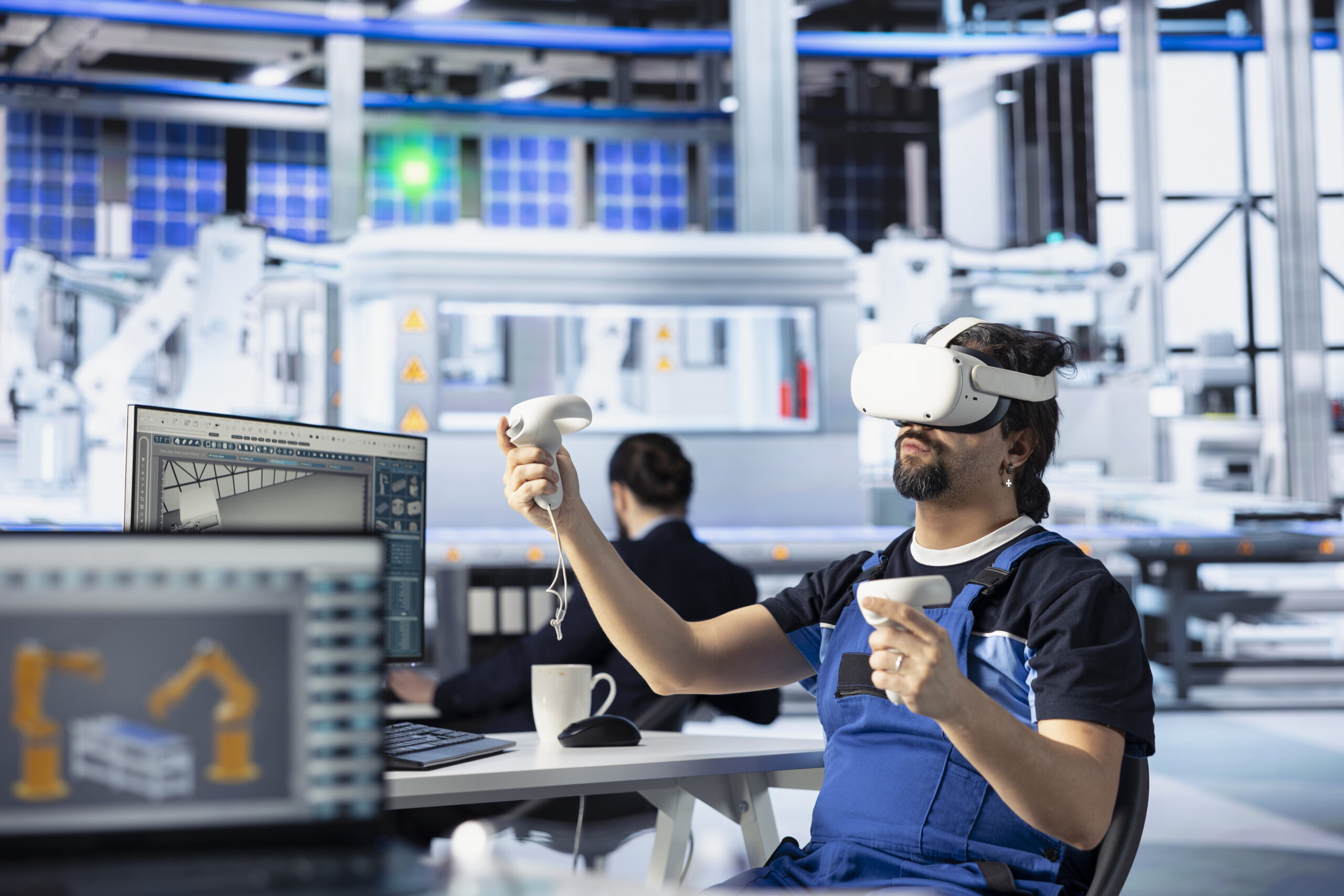 technician using vr tech simulation monitor solar panel plant assembly lines scaled